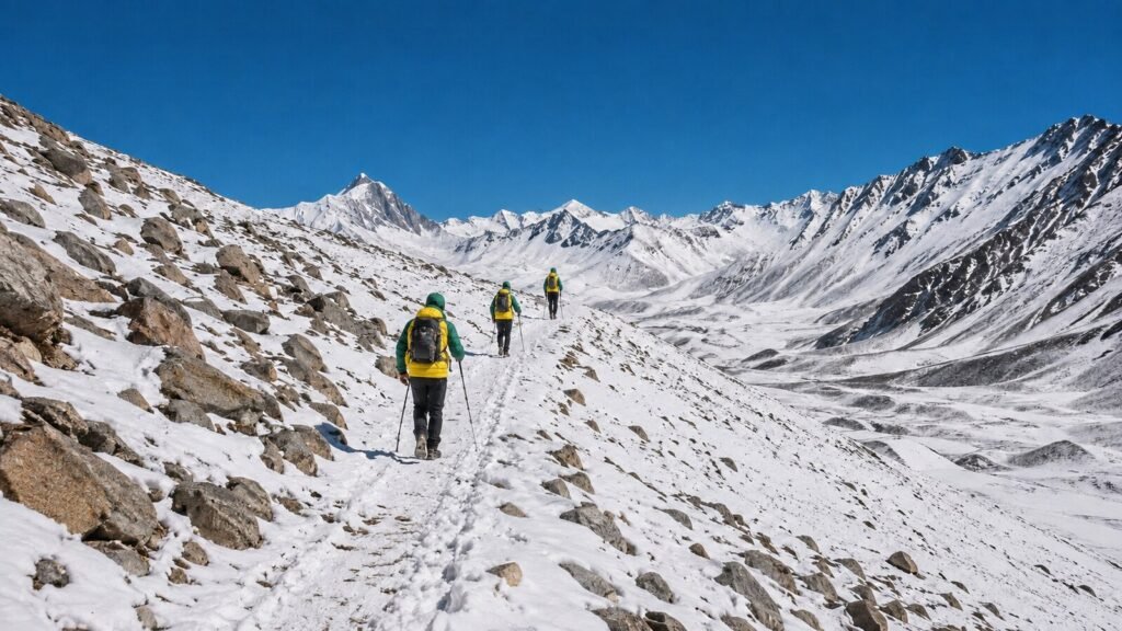 Pilgrims in bright yellow and green company jackets walking safely across the snowy Dolma La high pass