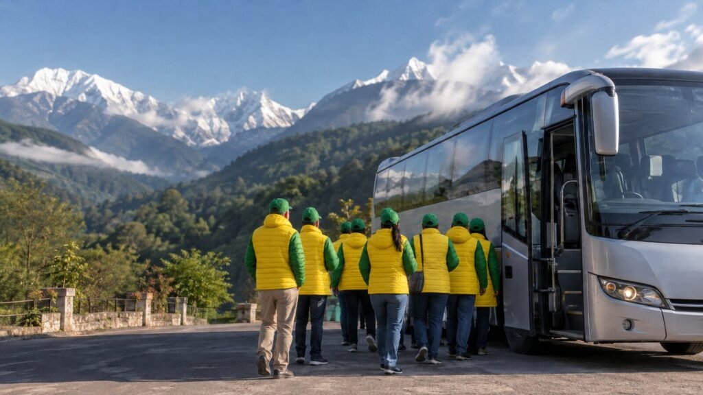 Pilgrims in bright yellow and green company jackets boarding a comfortable coach on a Himalayan gateway road