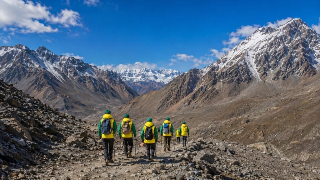 Pilgrims in bright yellow and green company jackets walking safely through a high Himalayan pass