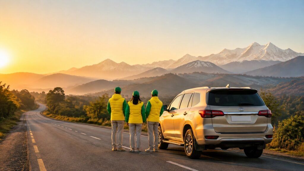 Pilgrims in bright yellow and green company jackets beginning a private road journey from Lucknow towards the Himalayan foothills