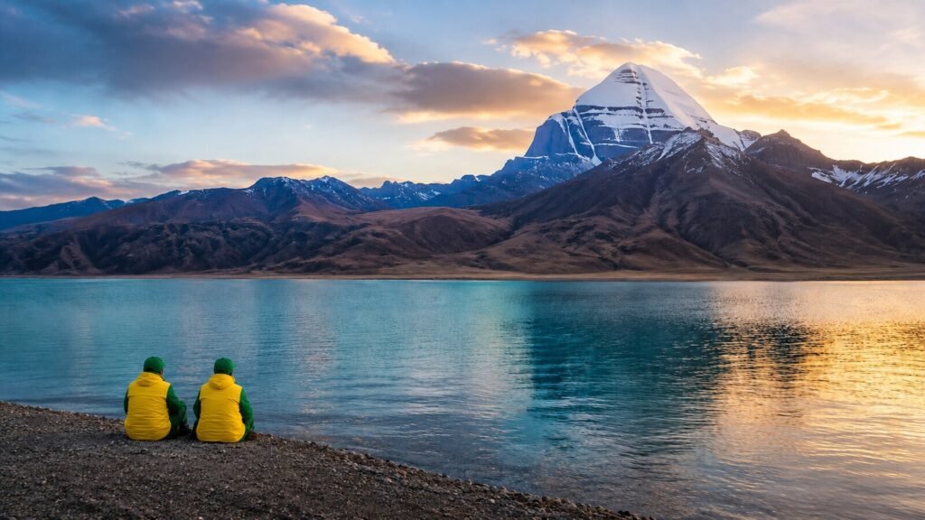 Pilgrims in bright yellow and green company jackets beside the blue water of Lake Mansarovar at dawn